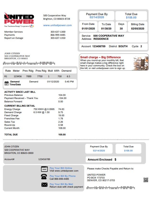 USA Colorado United Power utility bill template in Word and PDF format